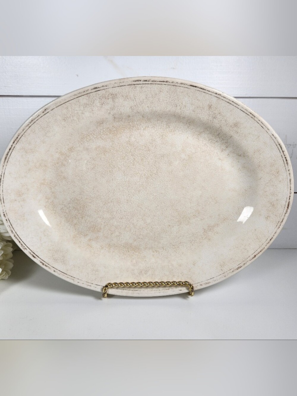 Large Antique Homer Laughlin Heavily Crazed Stained Oval Ironstone Platter 15.75